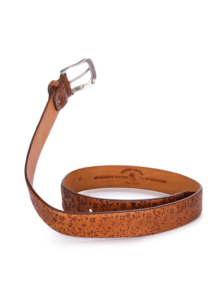 mens belt artigianato italiano floral engravings brown